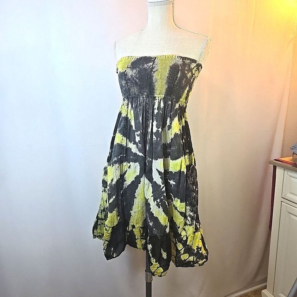 Lapogee Womens Sz M Black Lime Tie Dye Strapless Dress Elastic Shirring Pockets